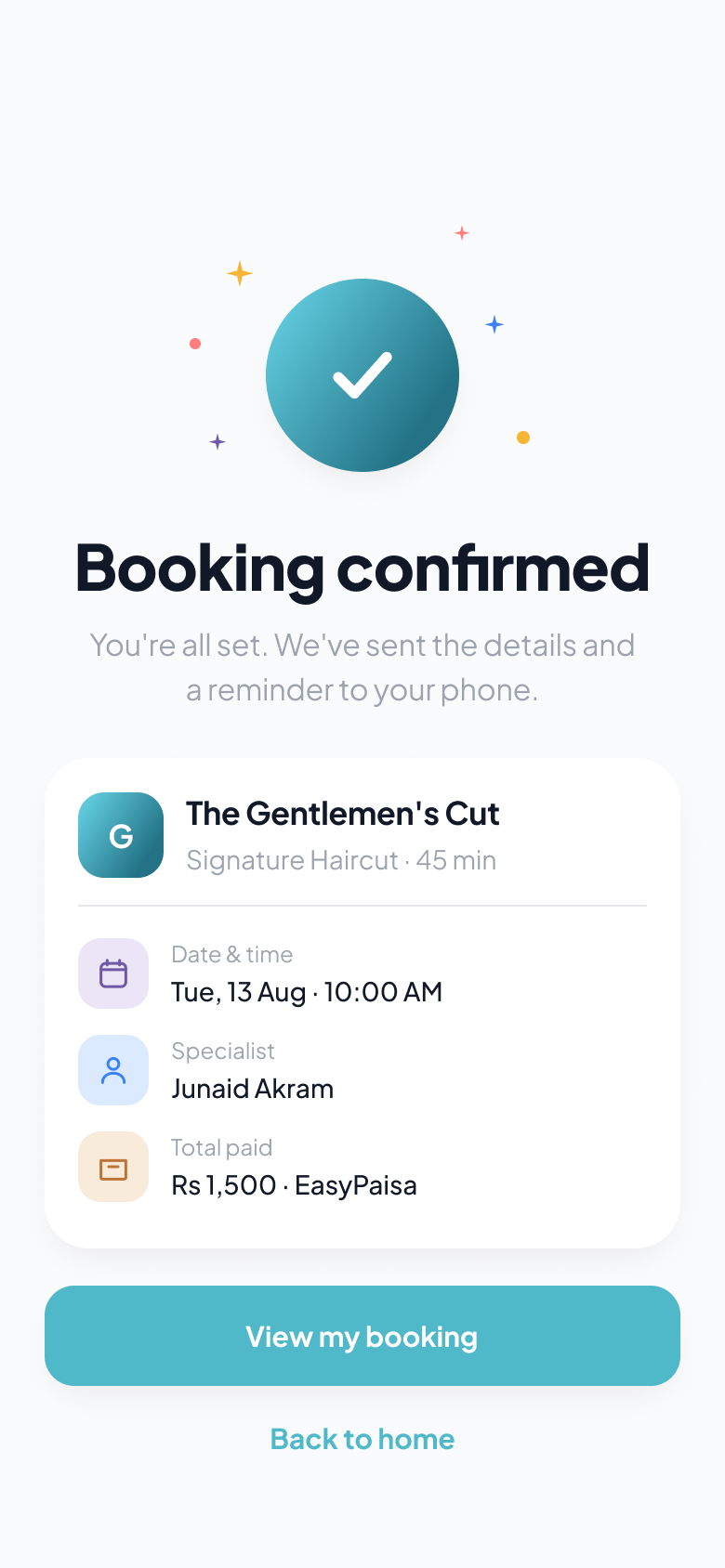 Book For Look booking confirmed screen